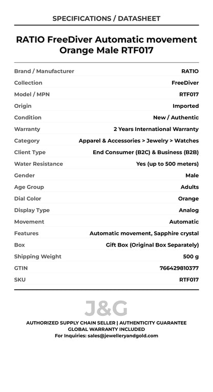 RATIO FreeDiver Automatic movement Orange Male RTF017 - Specifications