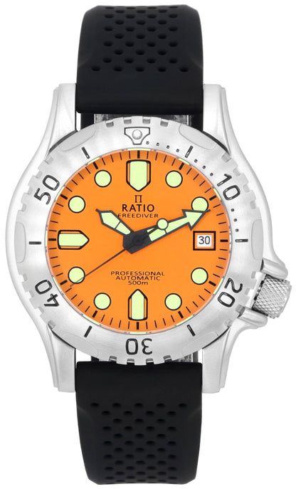 RATIO FreeDiver Automatic movement Orange Male RTF017. A brand-new RATIO FreeDiver watch featuring a Orange dial. Front view.