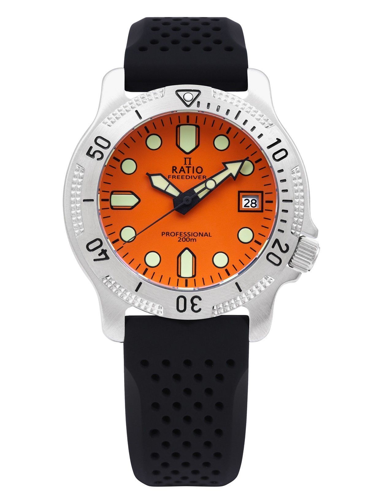 RATIO FreeDiver Quartz movement Orange Male RTF025. A brand-new RATIO FreeDiver watch featuring a Orange dial. Side view.