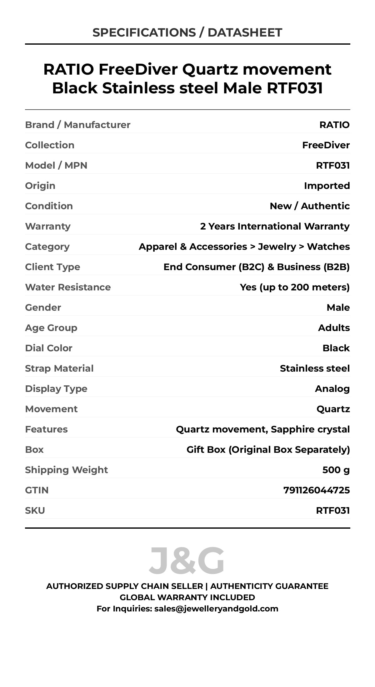 RATIO FreeDiver Quartz movement Black Stainless steel Male RTF031 - Specifications