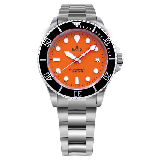 RATIO FreeDiver Quartz movement Orange Stainless steel Male RTF035. A brand-new RATIO FreeDiver watch featuring a Orange dial and a Stainless steel strap. Angled view.