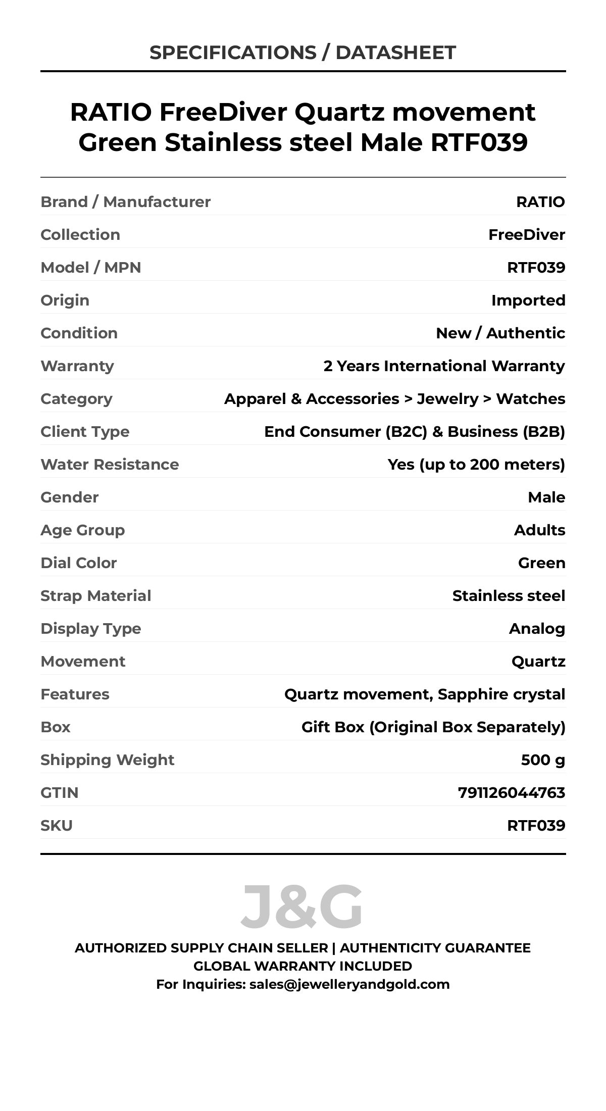 RATIO FreeDiver Quartz movement Green Stainless steel Male RTF039 - Specifications