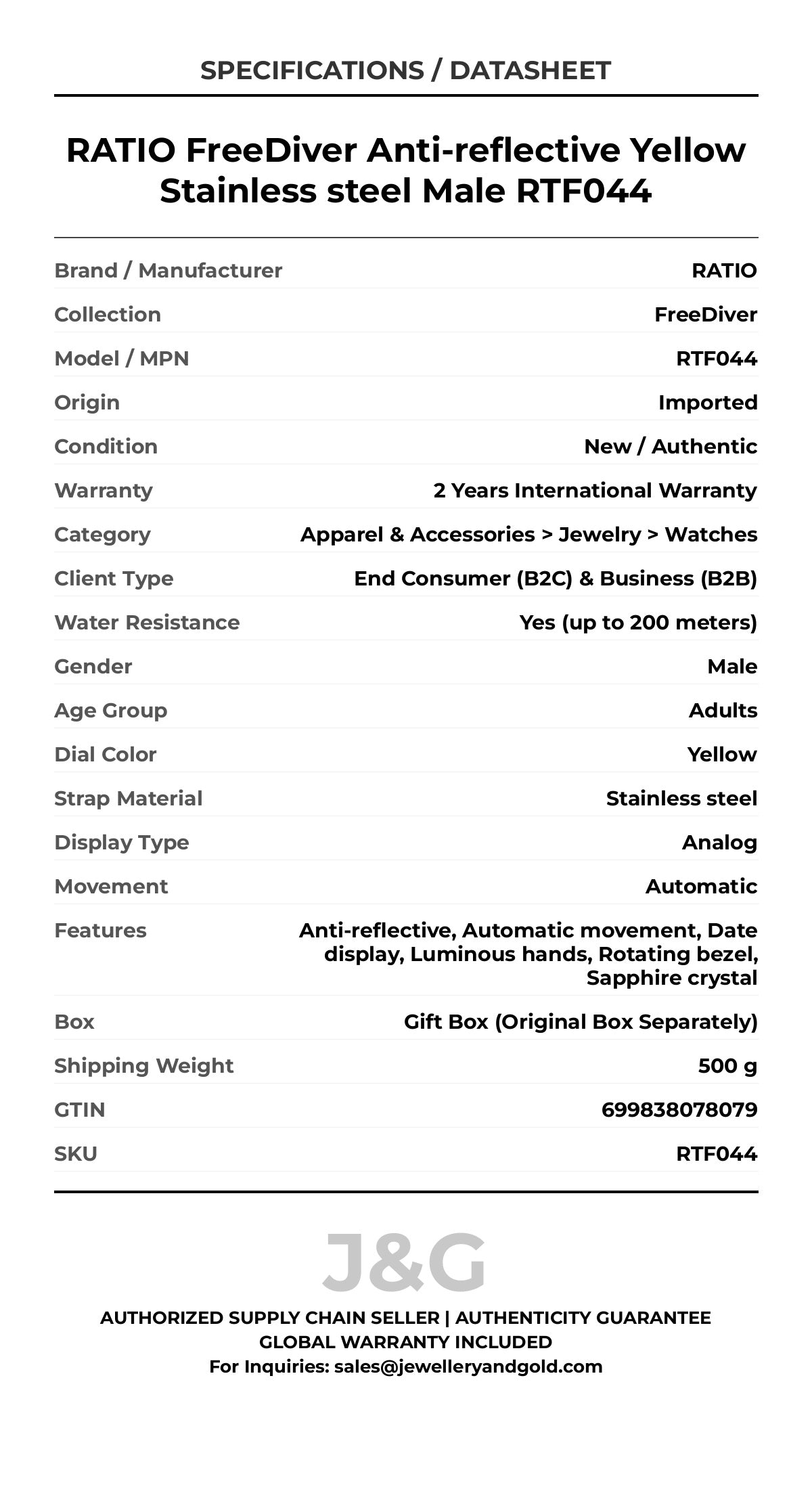 RATIO FreeDiver Anti-reflective Yellow Stainless steel Male RTF044 - Specifications