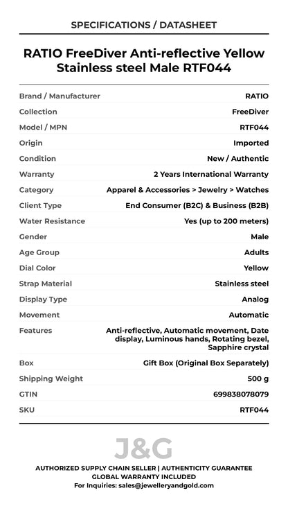 RATIO FreeDiver Anti-reflective Yellow Stainless steel Male RTF044 - Specifications