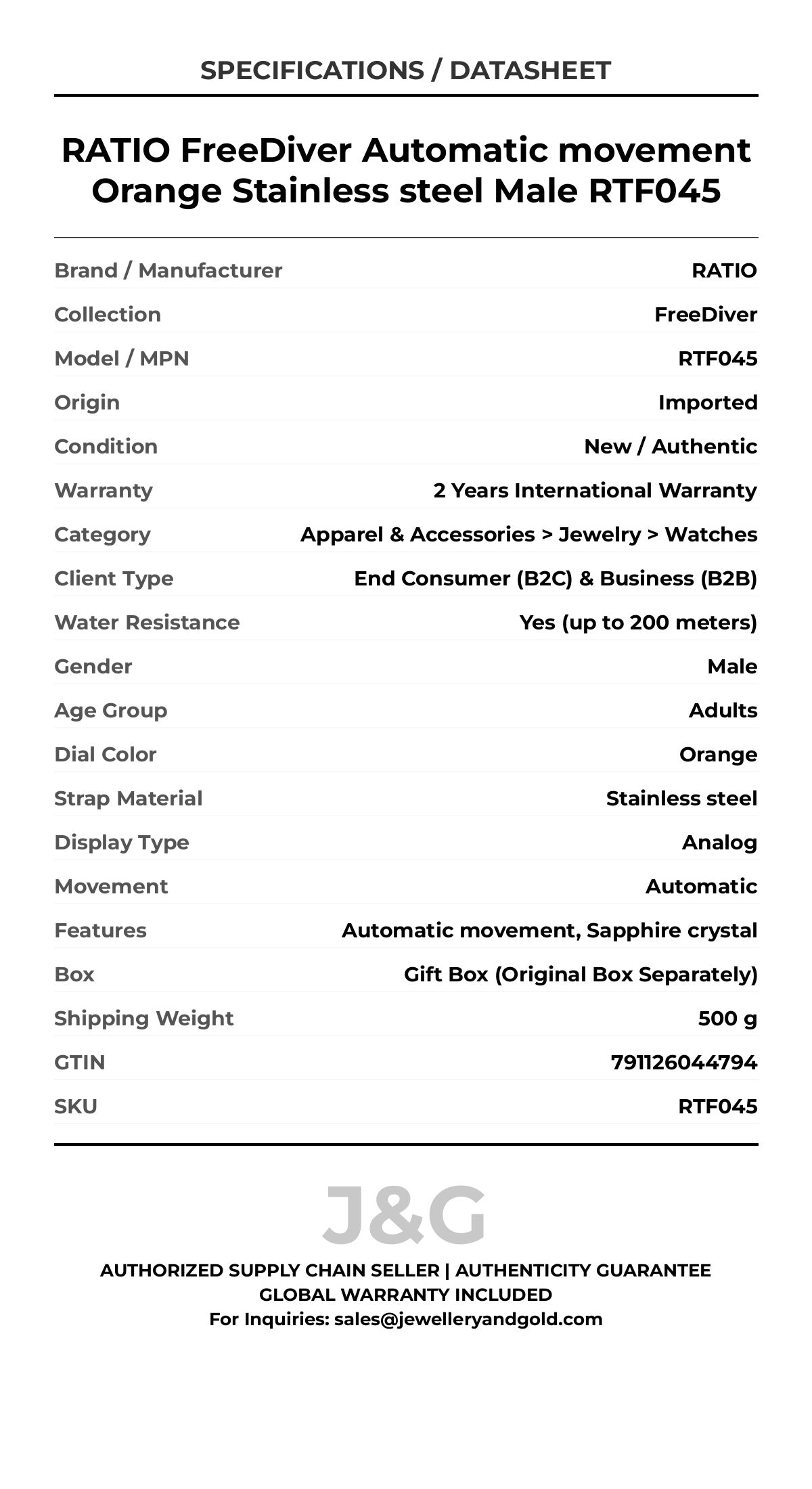 RATIO FreeDiver Automatic movement Orange Stainless steel Male RTF045 - Specifications