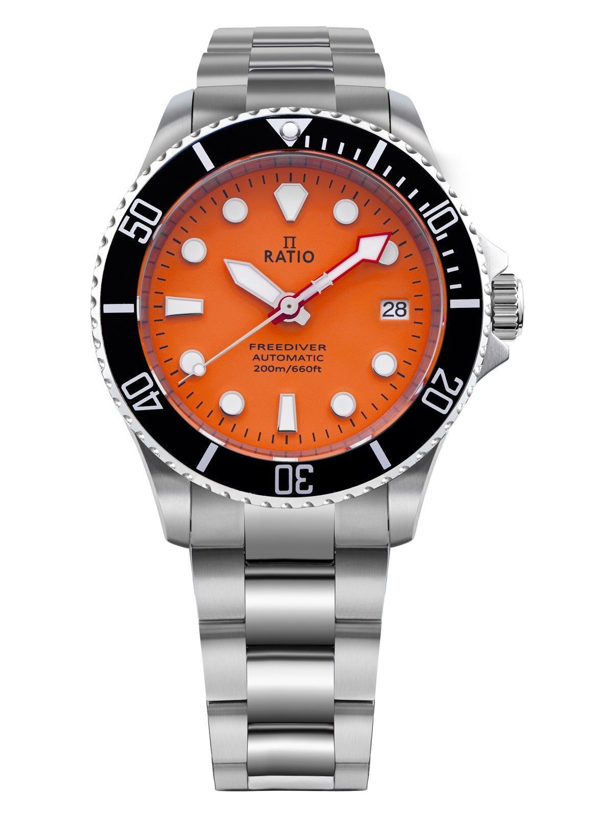 RATIO FreeDiver Automatic movement Orange Stainless steel Male RTF045. A brand-new RATIO FreeDiver watch featuring a Orange dial and a Stainless steel strap. Front view.