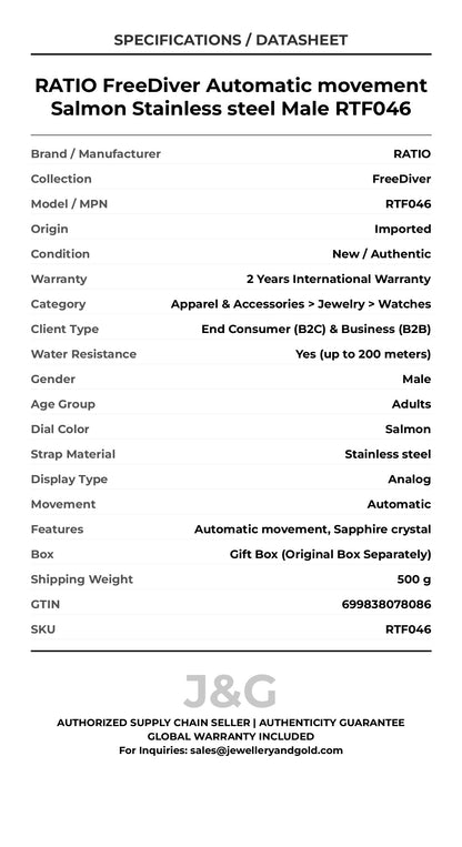 RATIO FreeDiver Automatic movement Salmon Stainless steel Male RTF046 - Specifications