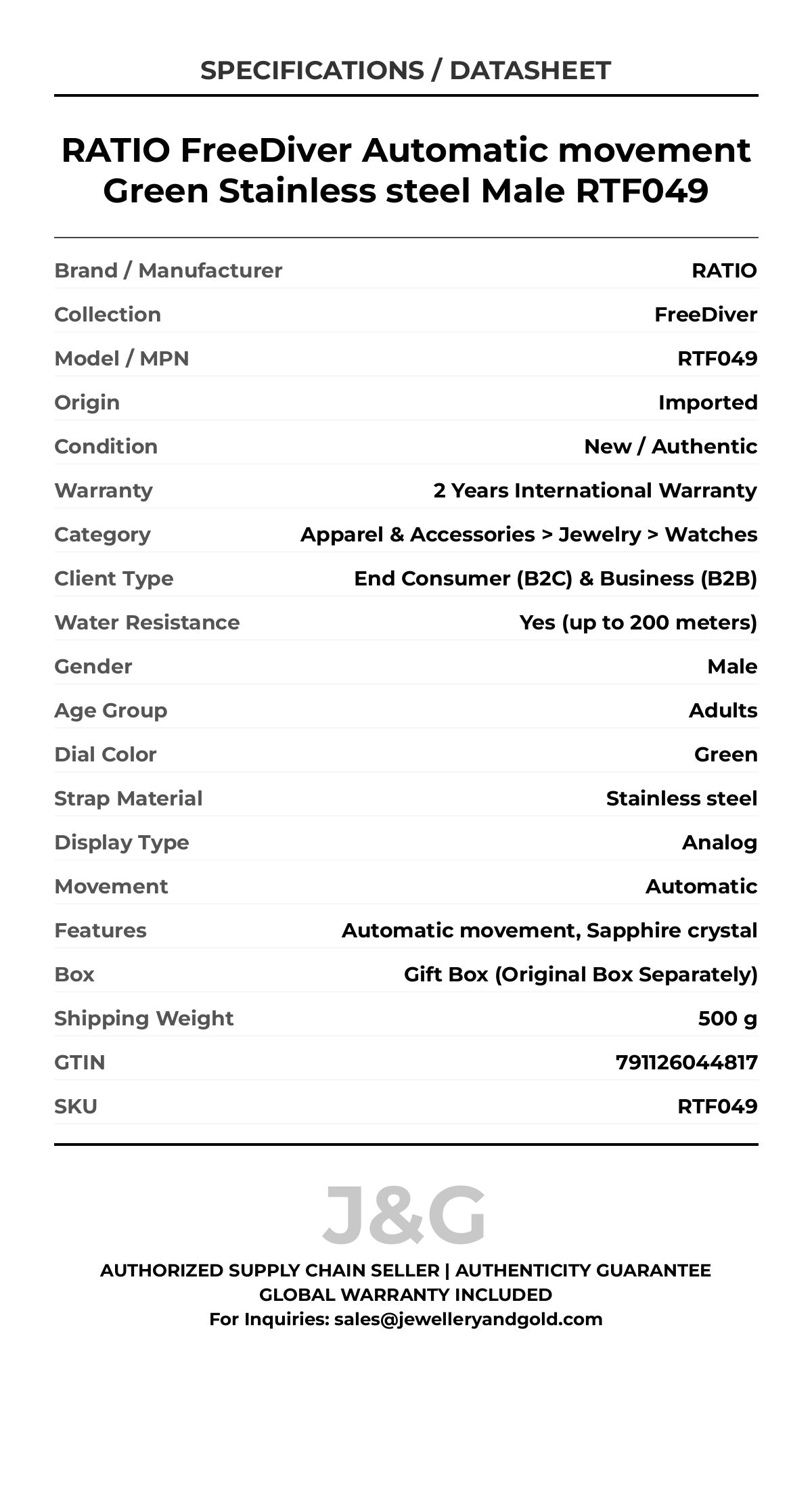 RATIO FreeDiver Automatic movement Green Stainless steel Male RTF049 - Specifications