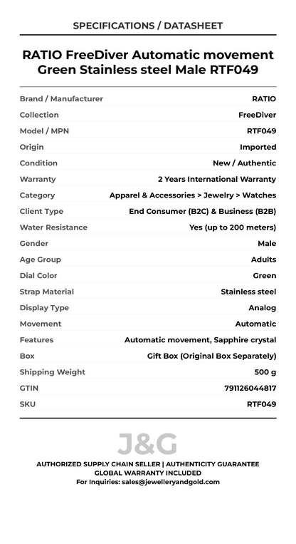 RATIO FreeDiver Automatic movement Green Stainless steel Male RTF049 - Specifications