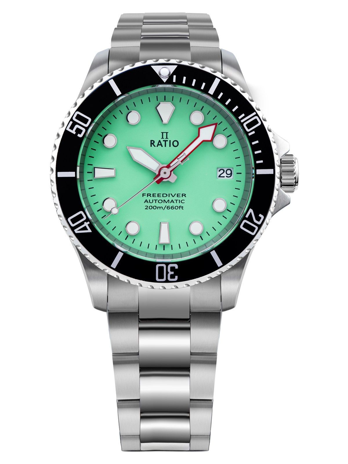 RATIO FreeDiver Automatic movement Green Stainless steel Male RTF049. A brand-new RATIO FreeDiver watch featuring a Green dial and a Stainless steel strap. Front view.