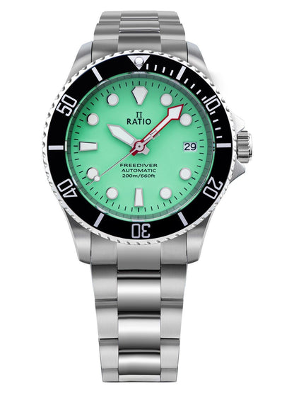 RATIO FreeDiver Automatic movement Green Stainless steel Male RTF049. A brand-new RATIO FreeDiver watch featuring a Green dial and a Stainless steel strap. Front view.