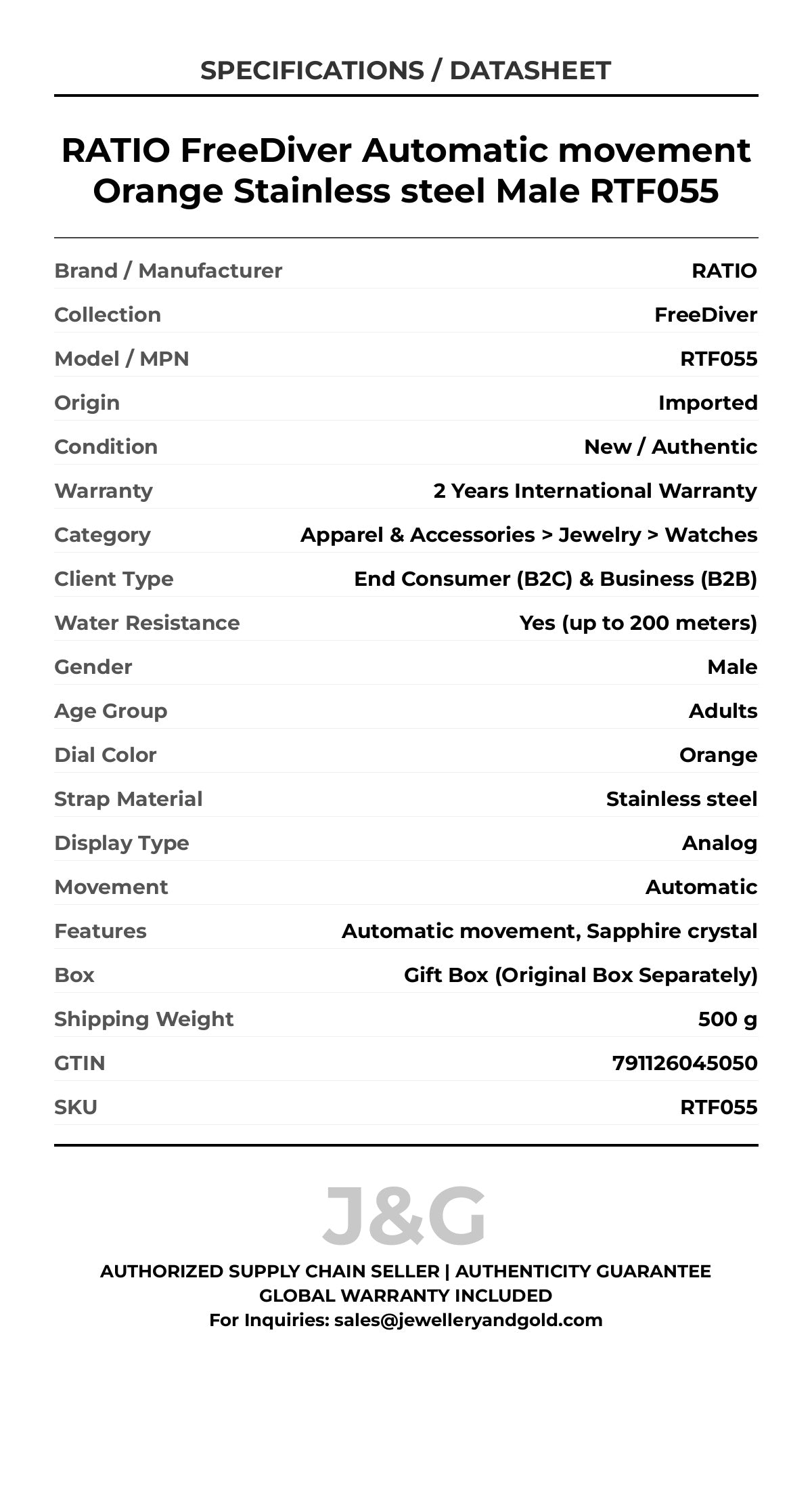 RATIO FreeDiver Automatic movement Orange Stainless steel Male RTF055 - Specifications