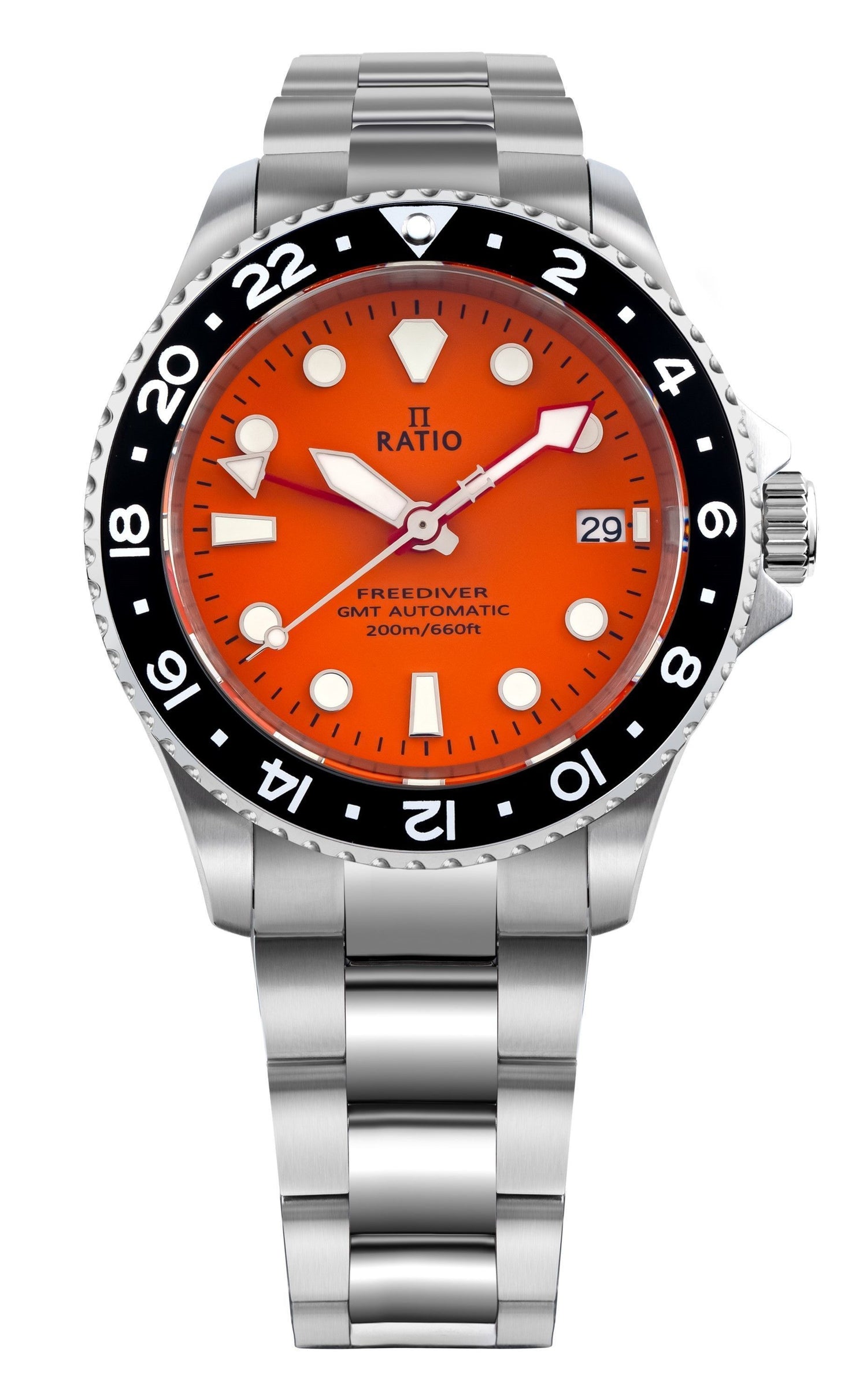 RATIO FreeDiver Automatic movement Orange Stainless steel Male RTF055. A brand-new RATIO FreeDiver watch featuring a Orange dial and a Stainless steel strap. Front view.