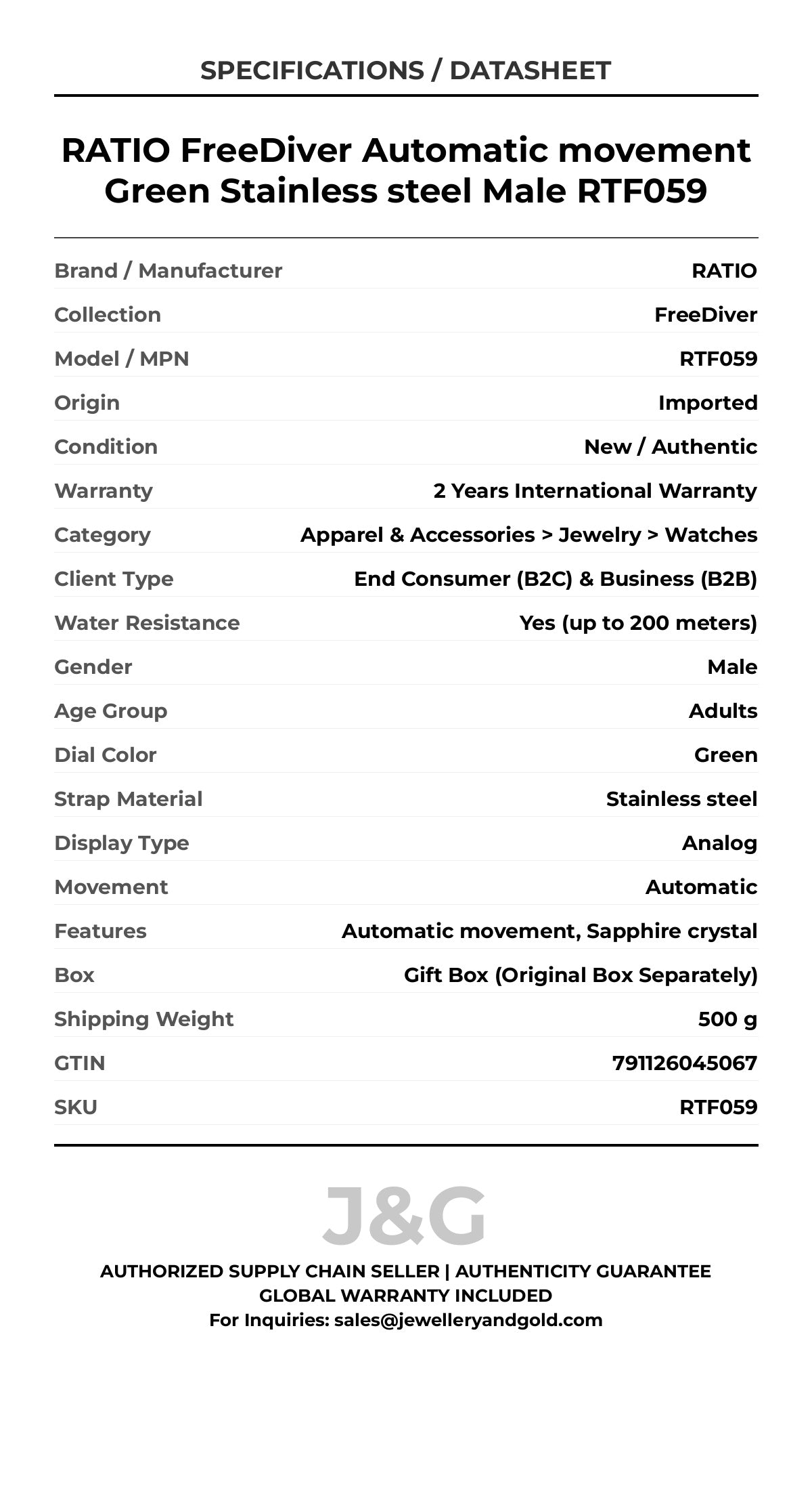 RATIO FreeDiver Automatic movement Green Stainless steel Male RTF059 - Specifications
