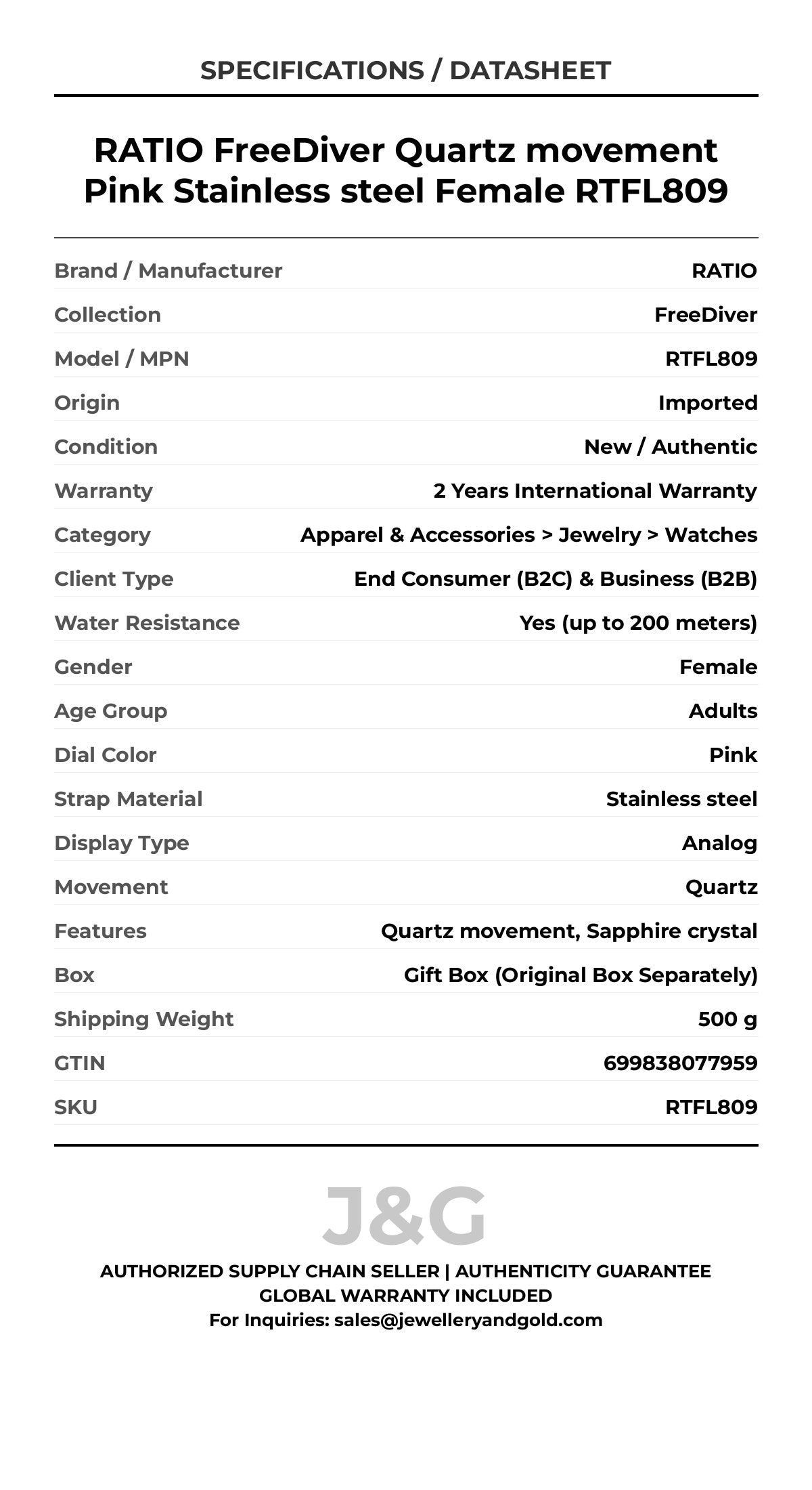 RATIO FreeDiver Quartz movement Pink Stainless steel Female RTFL809 - Specifications