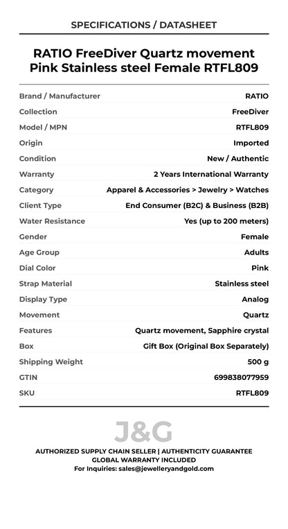 RATIO FreeDiver Quartz movement Pink Stainless steel Female RTFL809 - Specifications