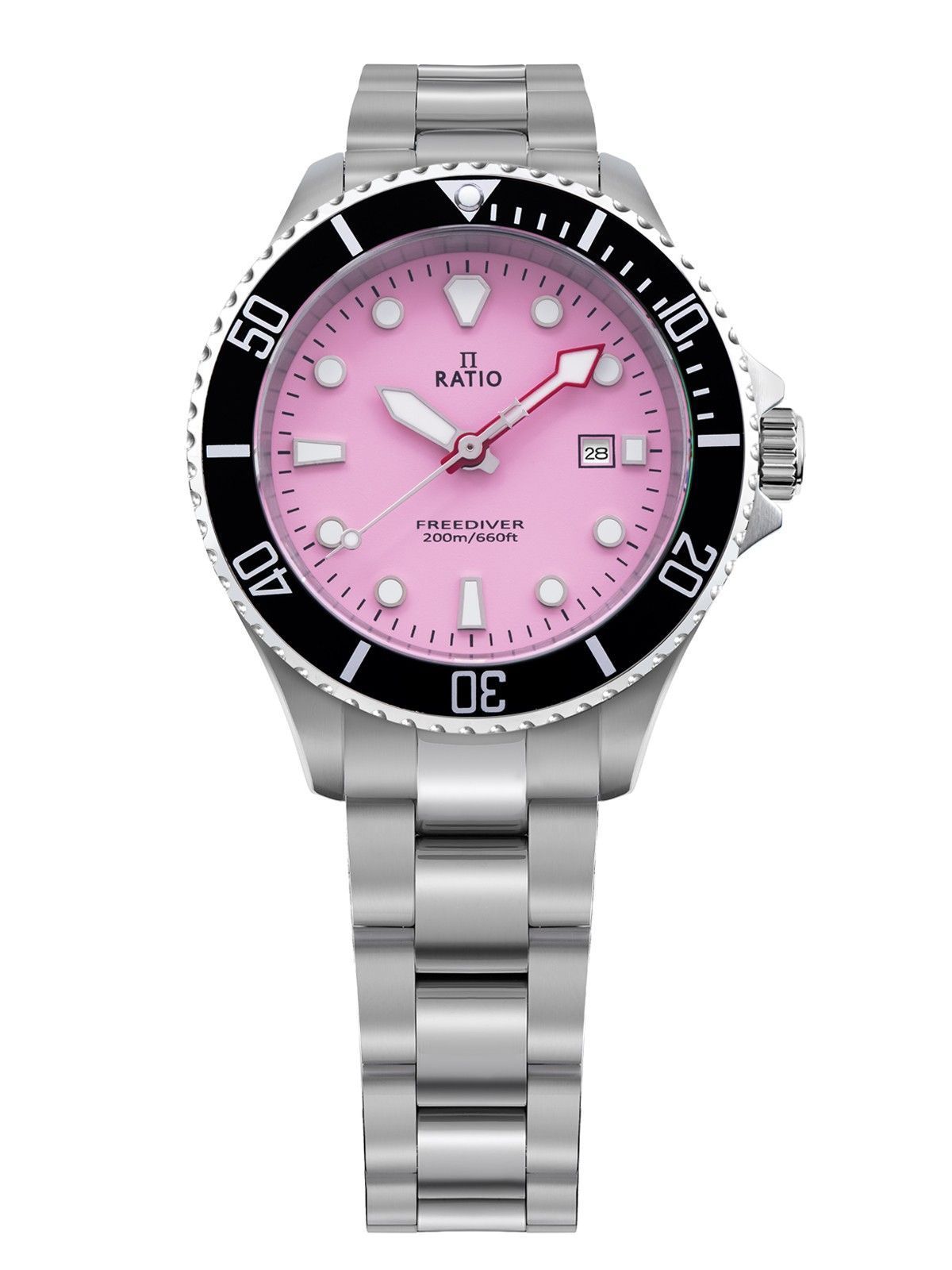 RATIO FreeDiver Quartz movement Pink Stainless steel Female RTFL809. A brand-new RATIO FreeDiver watch featuring a Pink dial and a Stainless steel strap. Side view.