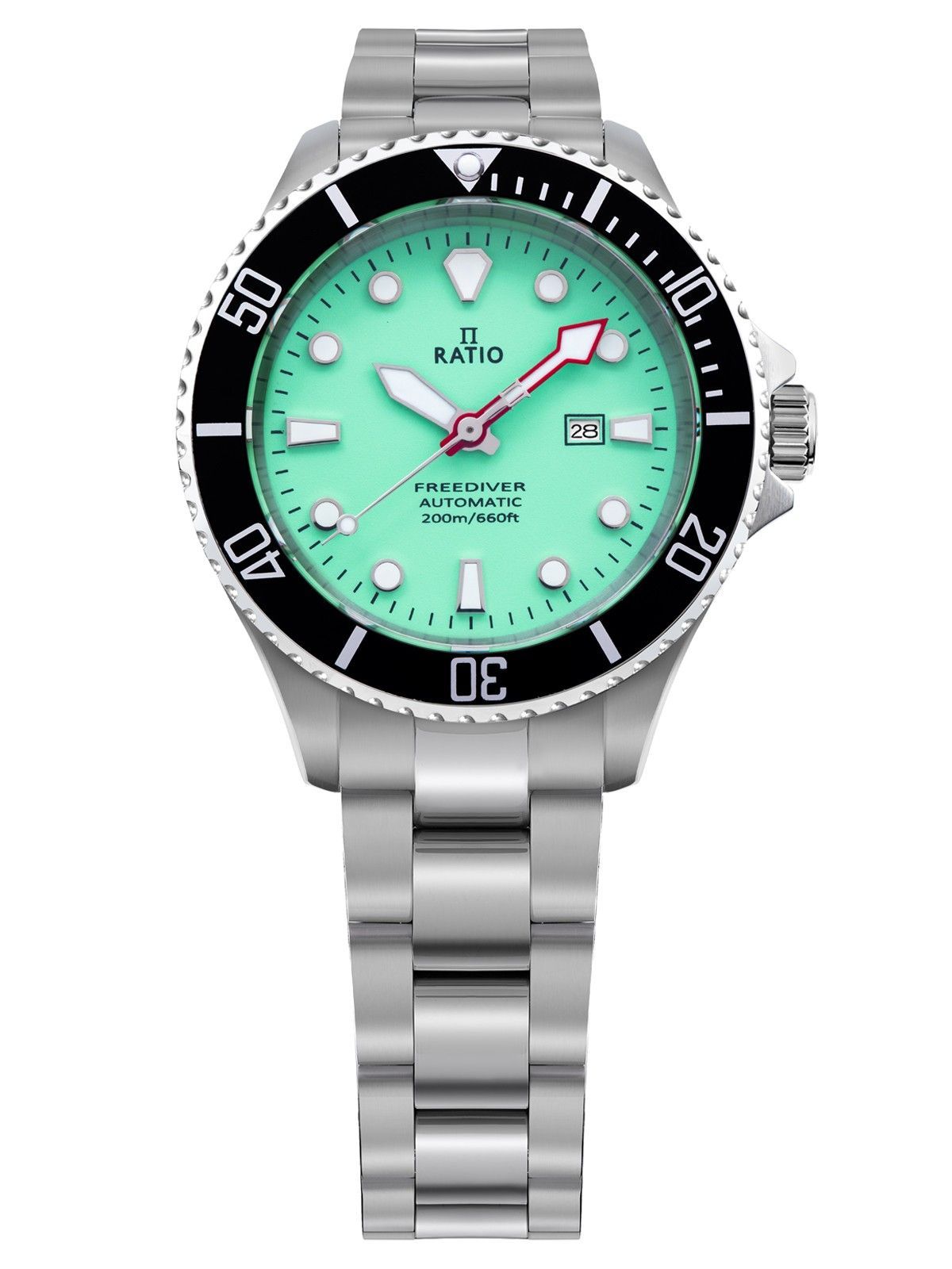 RATIO FreeDiver Automatic movement Green Stainless steel Female RTFL835. A brand-new RATIO FreeDiver watch featuring a Green dial and a Stainless steel strap. Angled view.