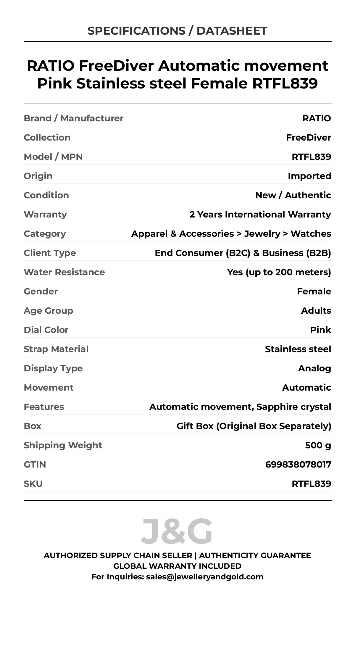 RATIO FreeDiver Automatic movement Pink Stainless steel Female RTFL839 - Specifications
