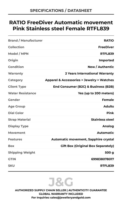 RATIO FreeDiver Automatic movement Pink Stainless steel Female RTFL839 - Specifications