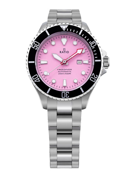 RATIO FreeDiver Automatic movement Pink Stainless steel Female RTFL839. A brand-new RATIO FreeDiver watch featuring a Pink dial and a Stainless steel strap. Front view.