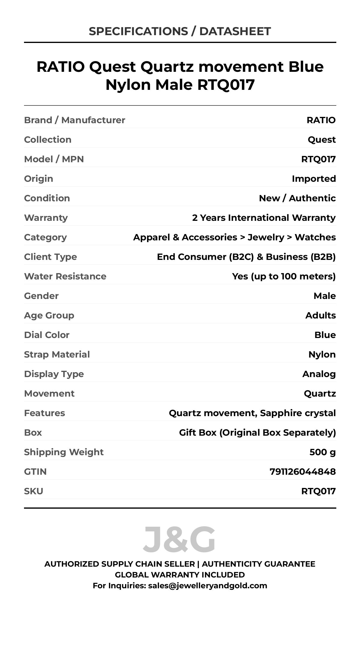 RATIO Quest Quartz movement Blue Nylon Male RTQ017 - Specifications