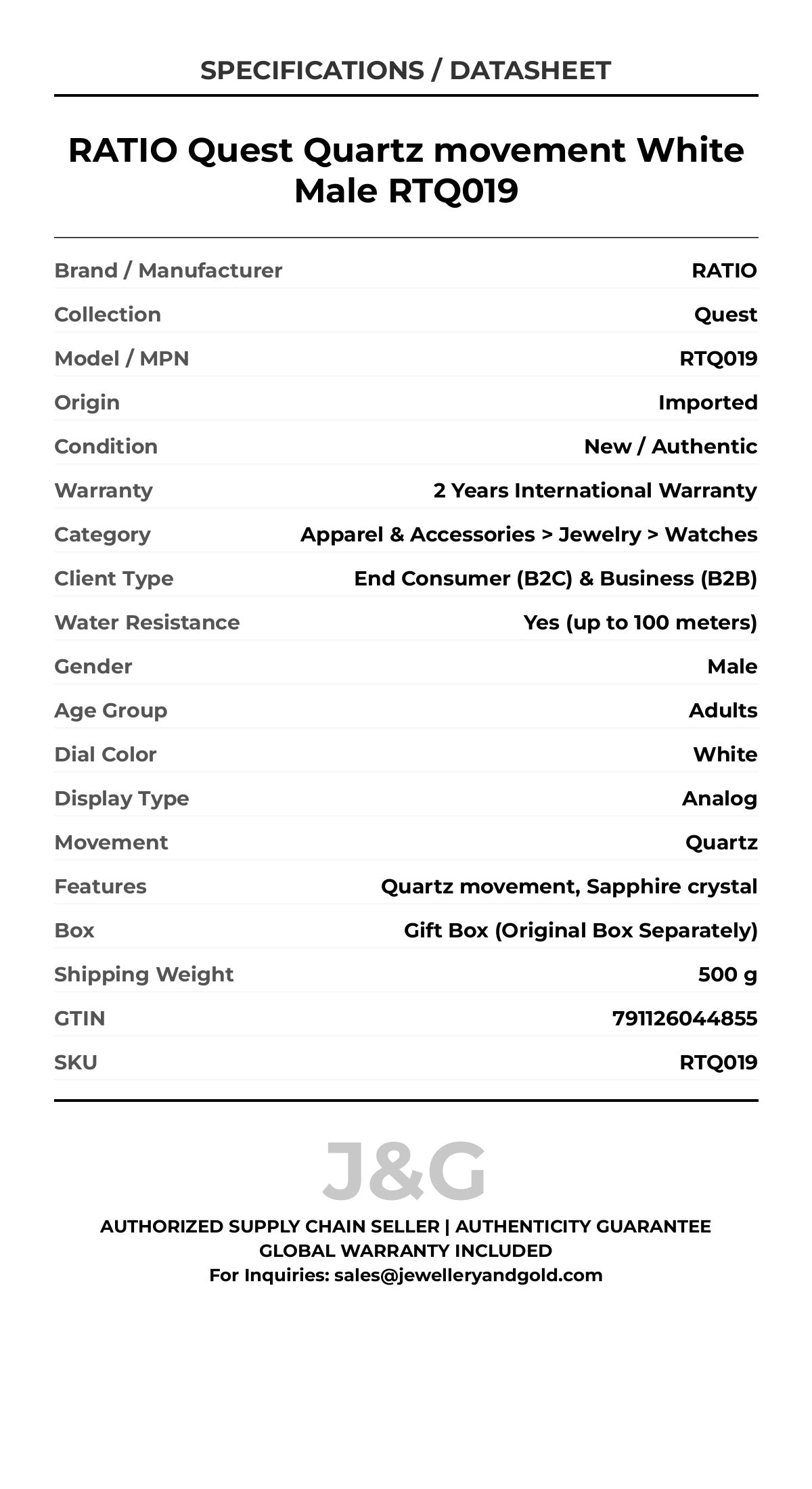 RATIO Quest Quartz movement White Male RTQ019 - Specifications