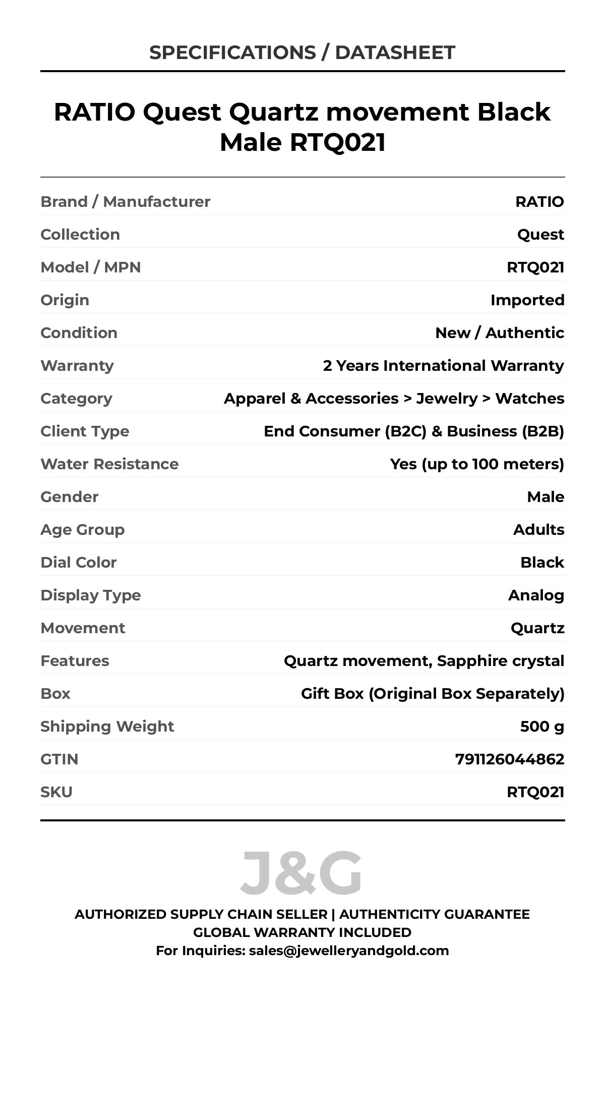 RATIO Quest Quartz movement Black Male RTQ021 - Specifications