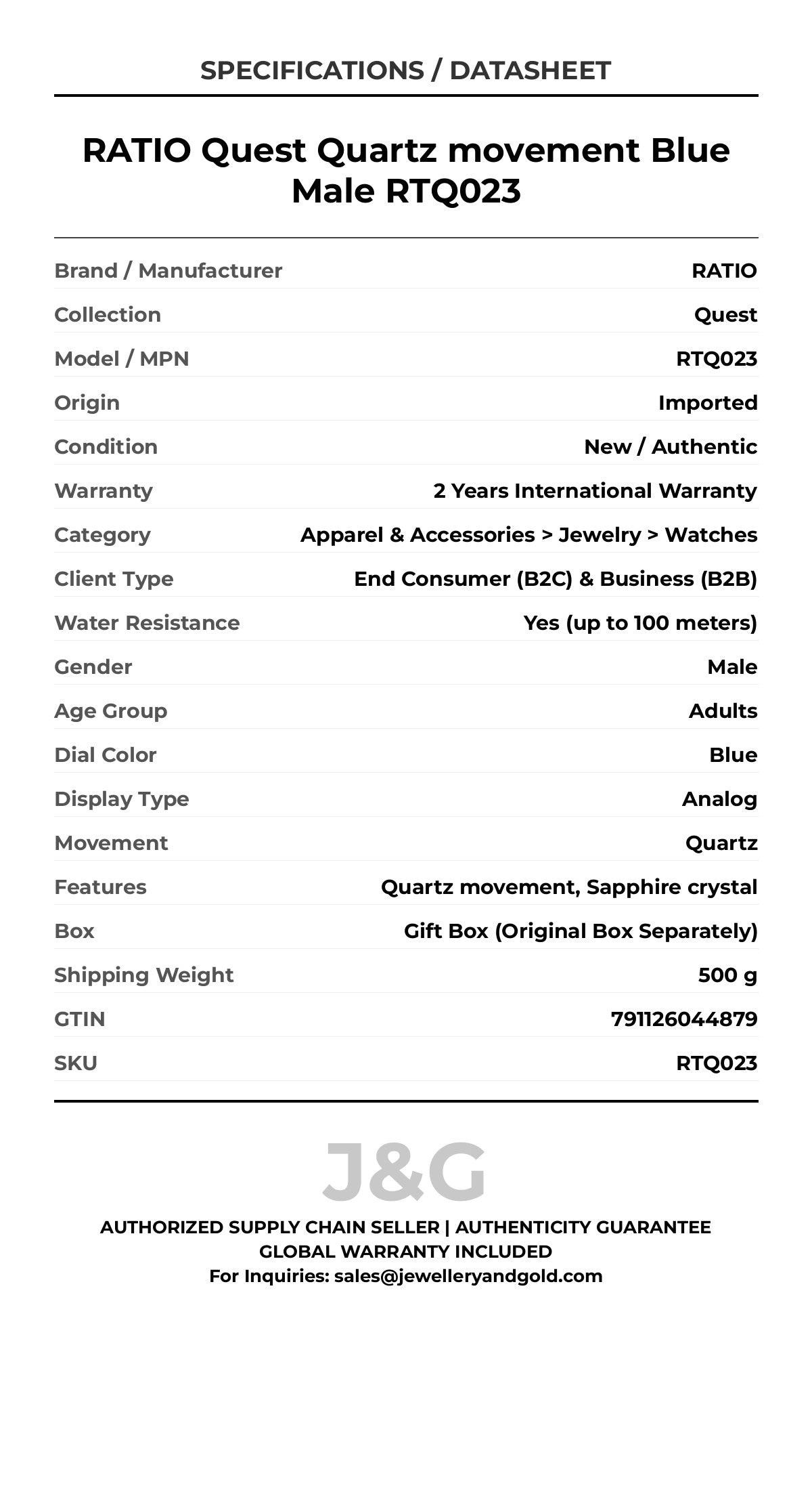 RATIO Quest Quartz movement Blue Male RTQ023 - Specifications