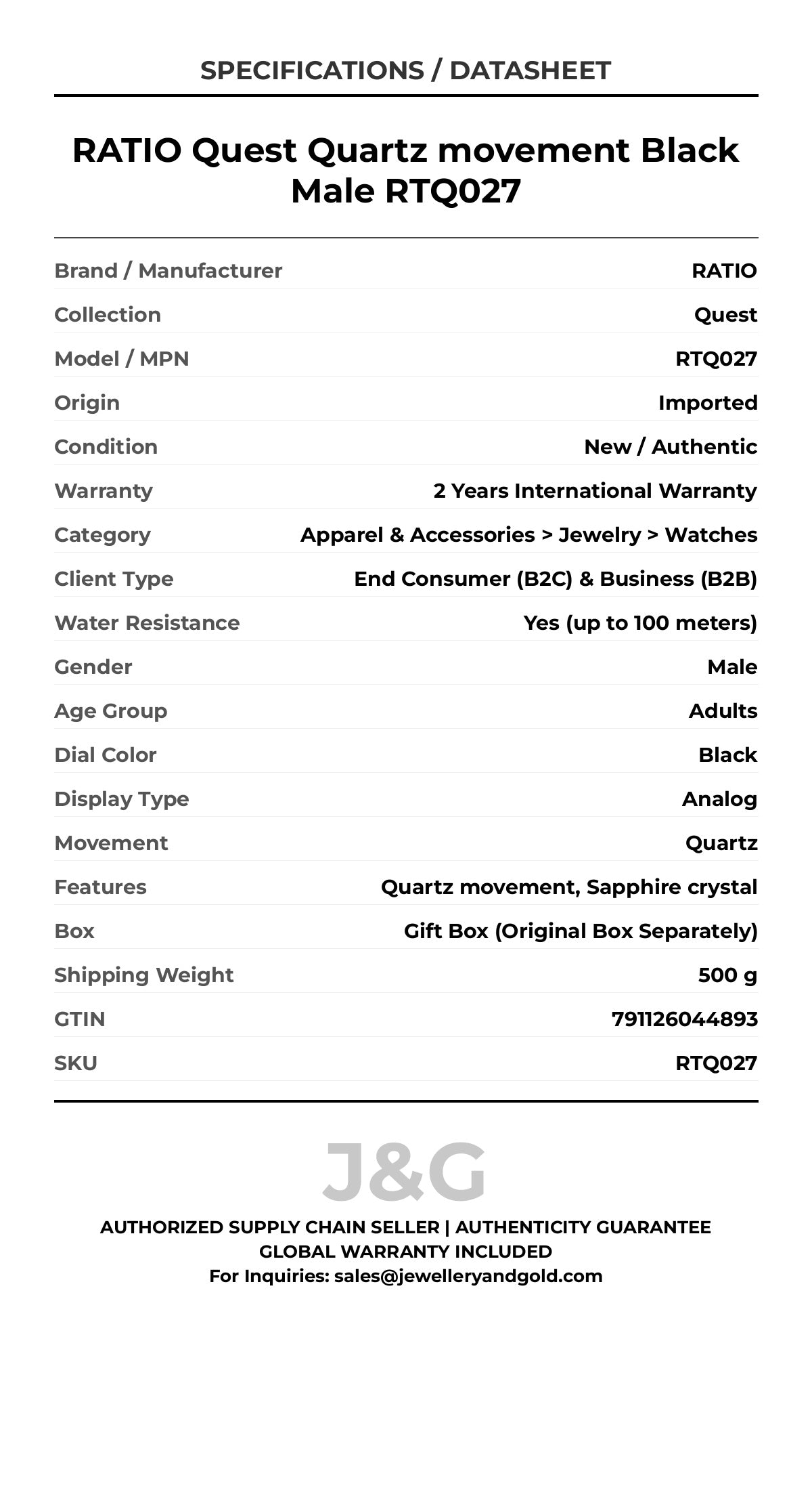 RATIO Quest Quartz movement Black Male RTQ027 - Specifications