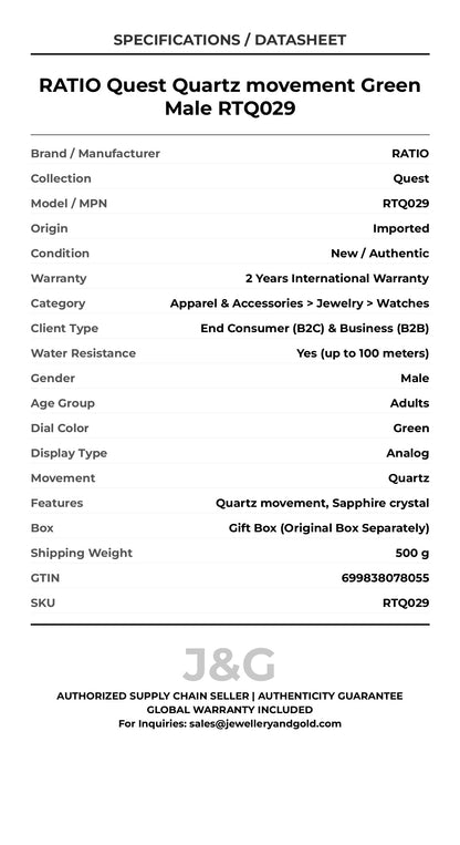 RATIO Quest Quartz movement Green Male RTQ029 - Specifications