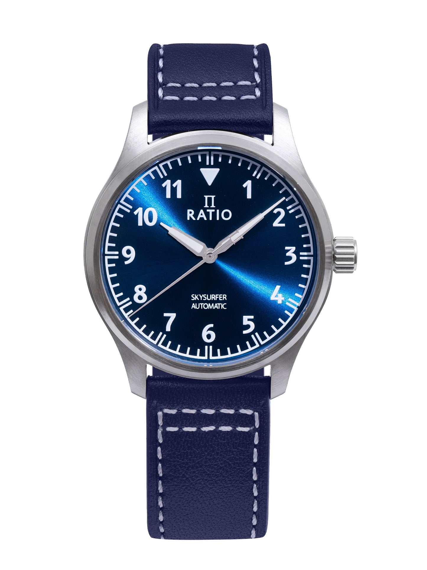 RATIO Skysurfer Automatic movement Blue Sunray Leather Male RTS302. A brand-new RATIO Skysurfer watch featuring a Blue Sunray dial and a Leather strap. Front view.