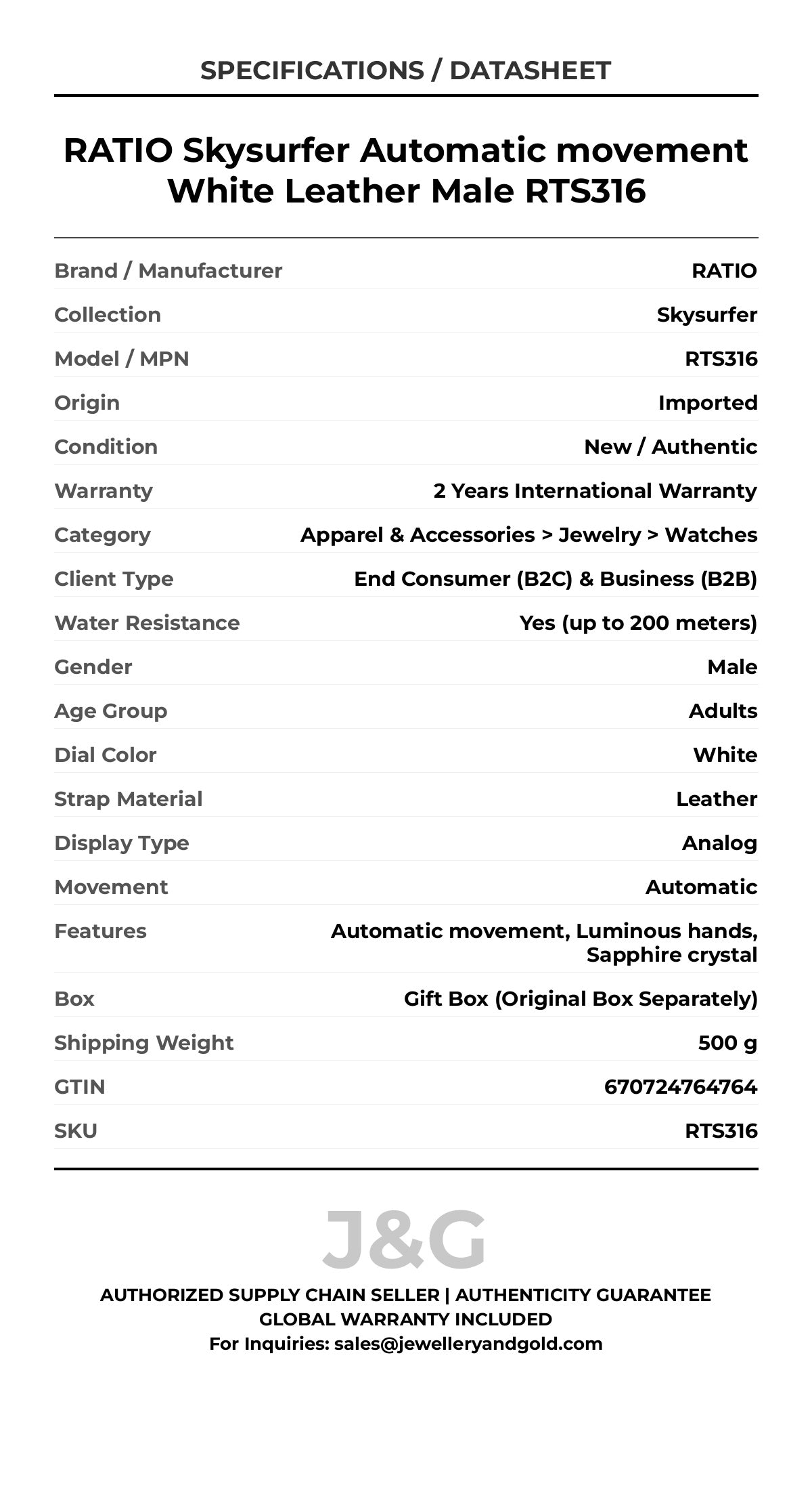 RATIO Skysurfer Automatic movement White Leather Male RTS316 - Specifications