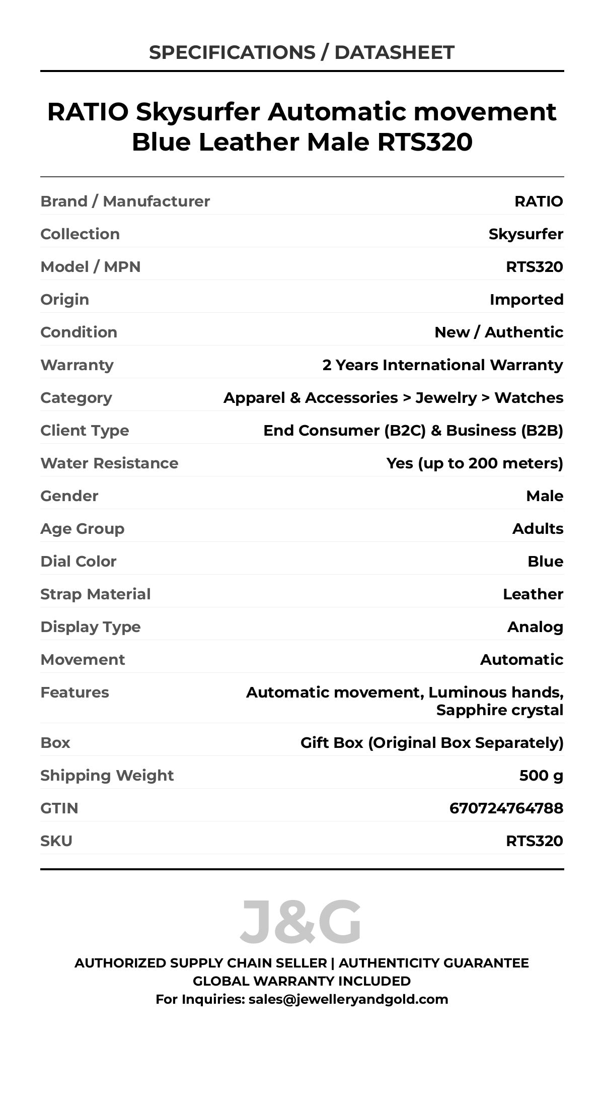 RATIO Skysurfer Automatic movement Blue Leather Male RTS320 - Specifications