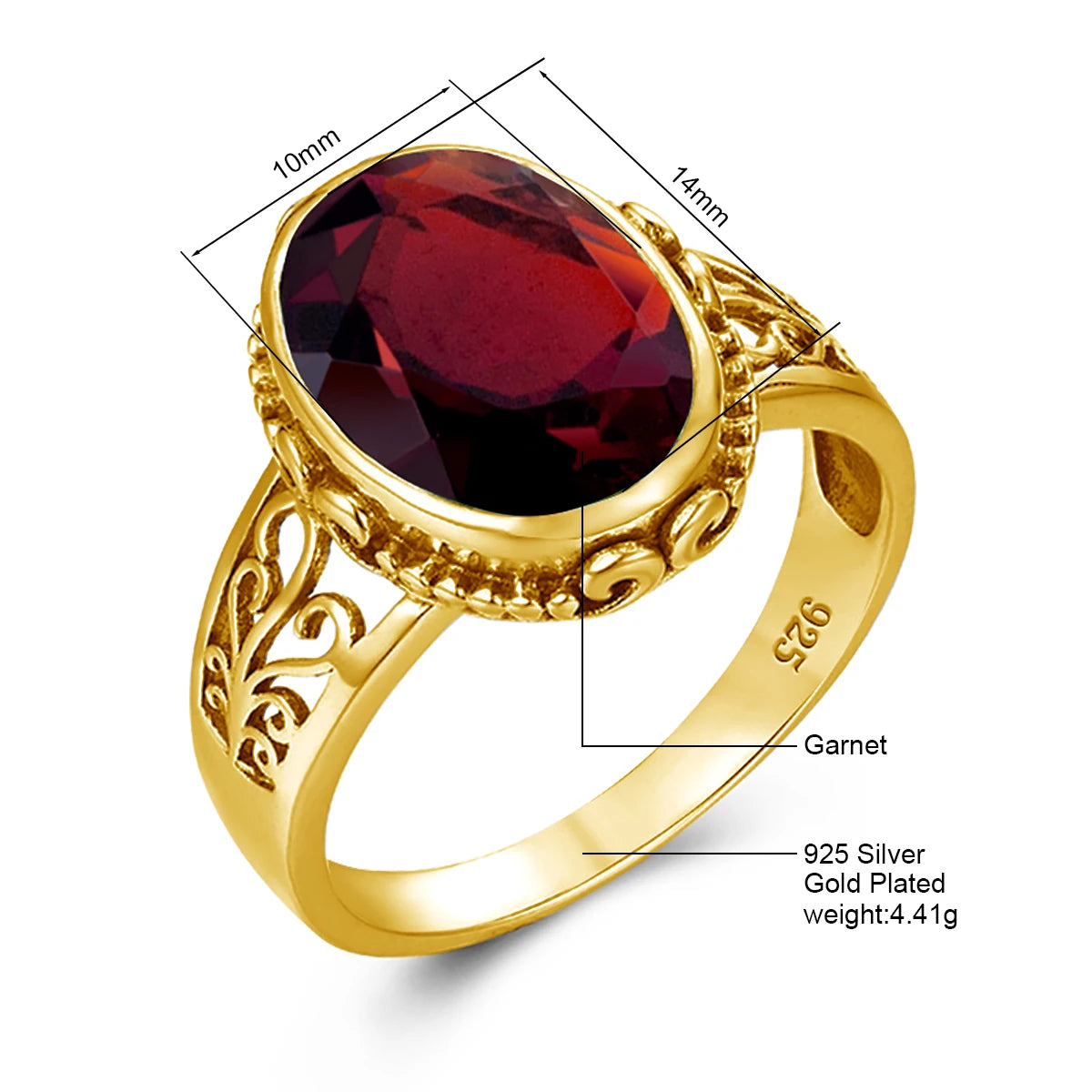 10x14mm Oval Garnet Statement Ring – 14K Gold Plated 925 Silver, Handmade Luxury Jewelry for Birthdays