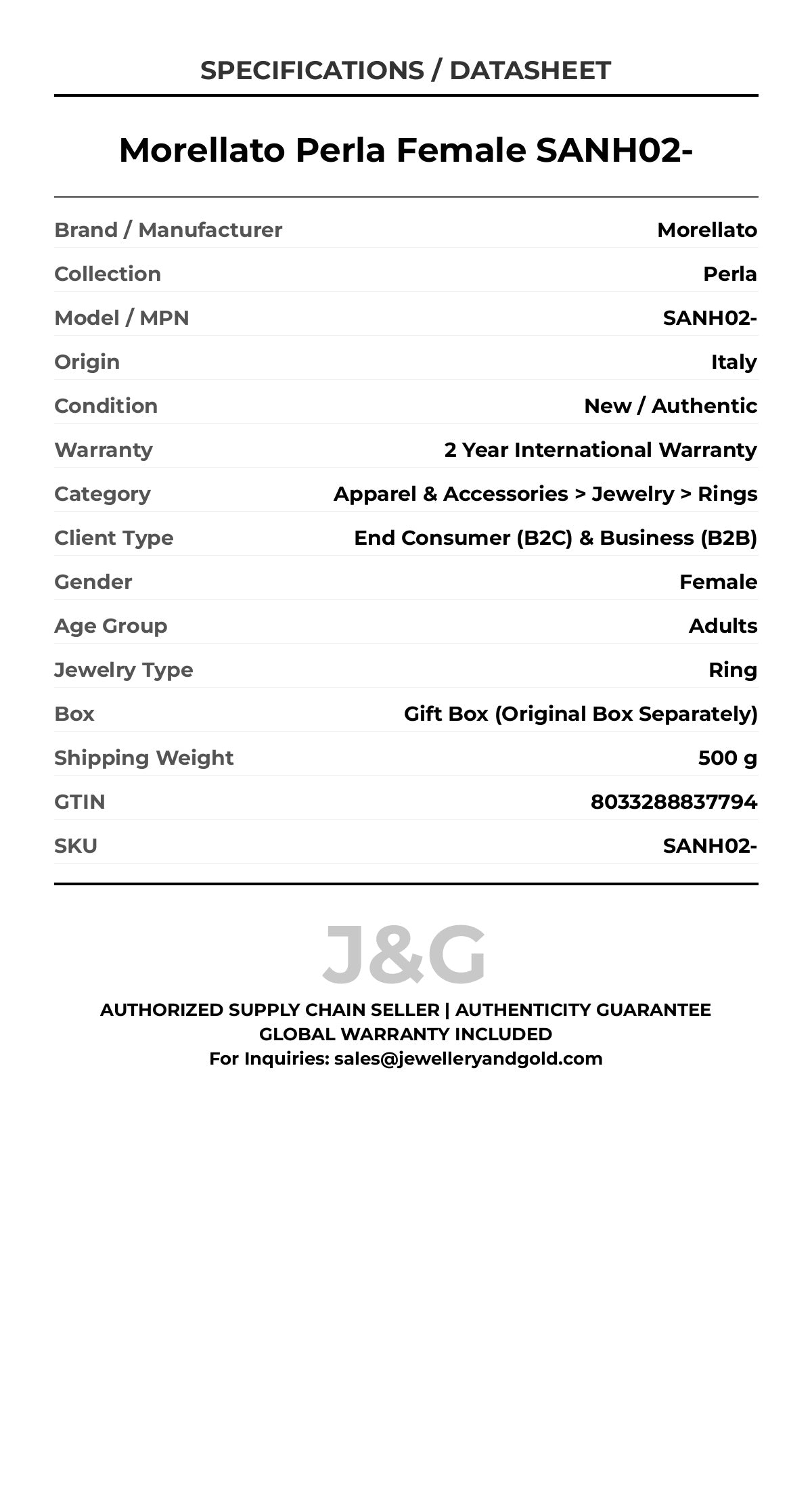 Morellato Perla Female SANH02- - Specifications