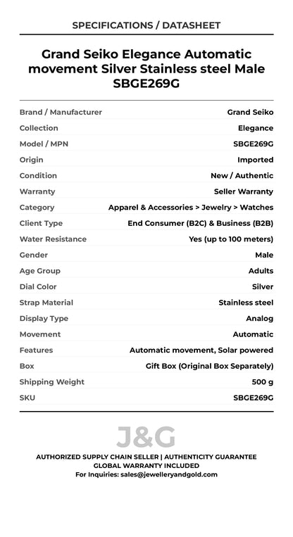 Grand Seiko Elegance Automatic movement Silver Stainless steel Male SBGE269G - Specifications