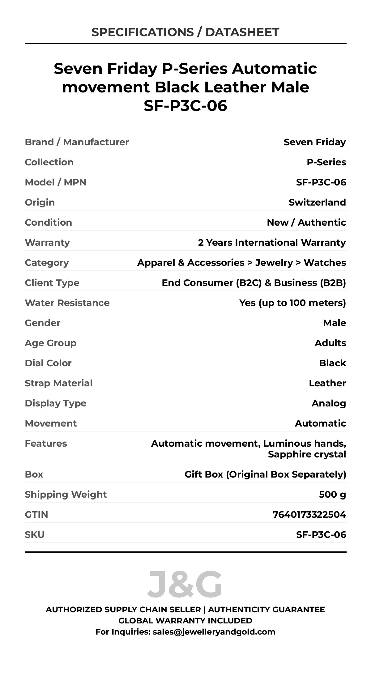 Seven Friday P-Series Automatic movement Black Leather Male SF-P3C-06 - Specifications