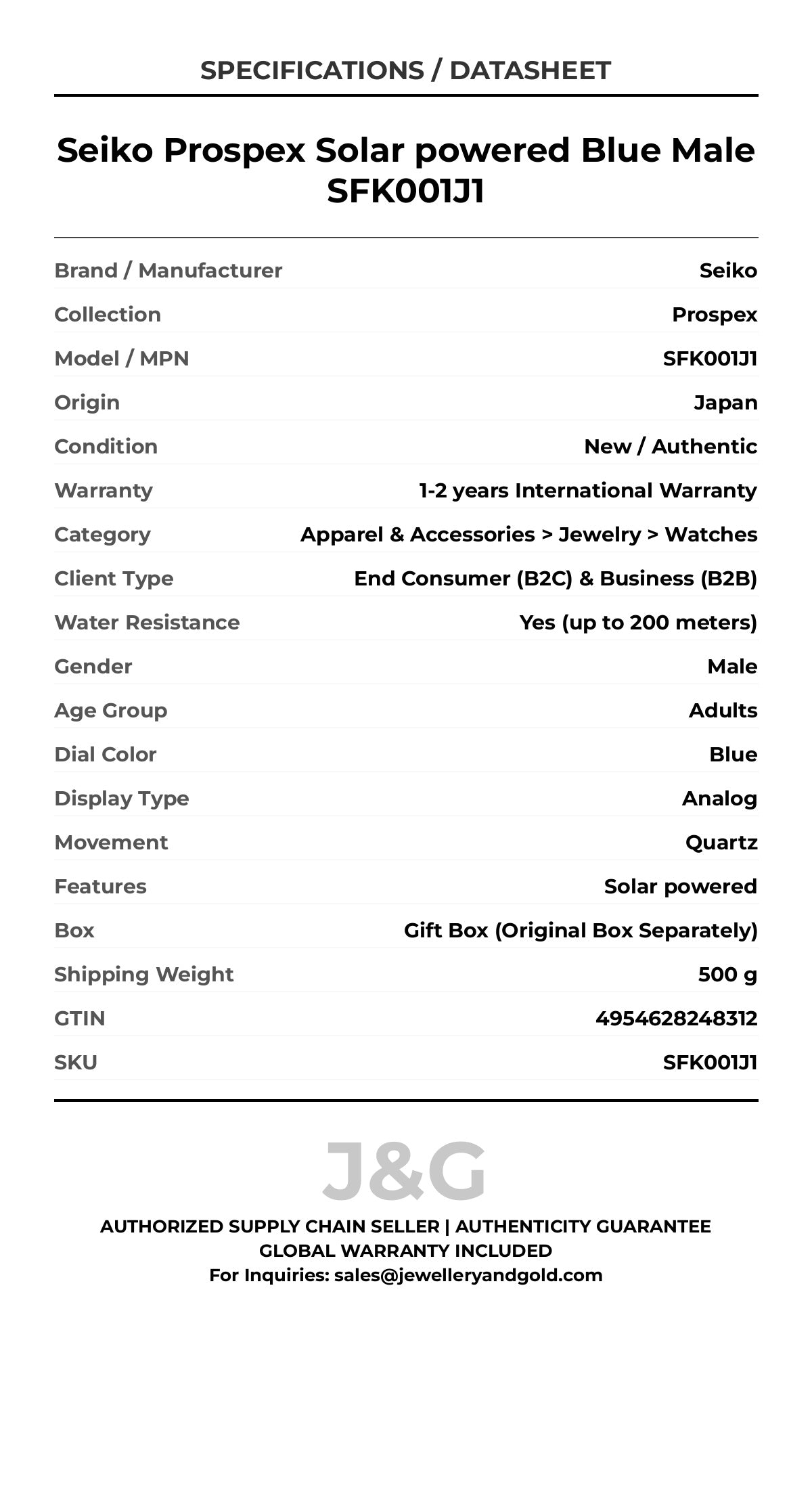 Seiko Prospex Solar powered Blue Male SFK001J1 - Specifications