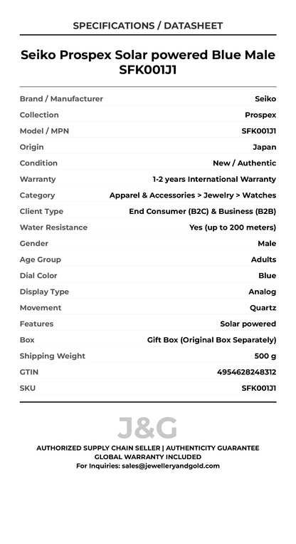 Seiko Prospex Solar powered Blue Male SFK001J1 - Specifications