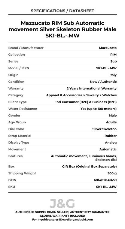 Mazzucato RIM Sub Automatic movement Silver Skeleton Rubber Male SK1-BL.-.MW - Specifications