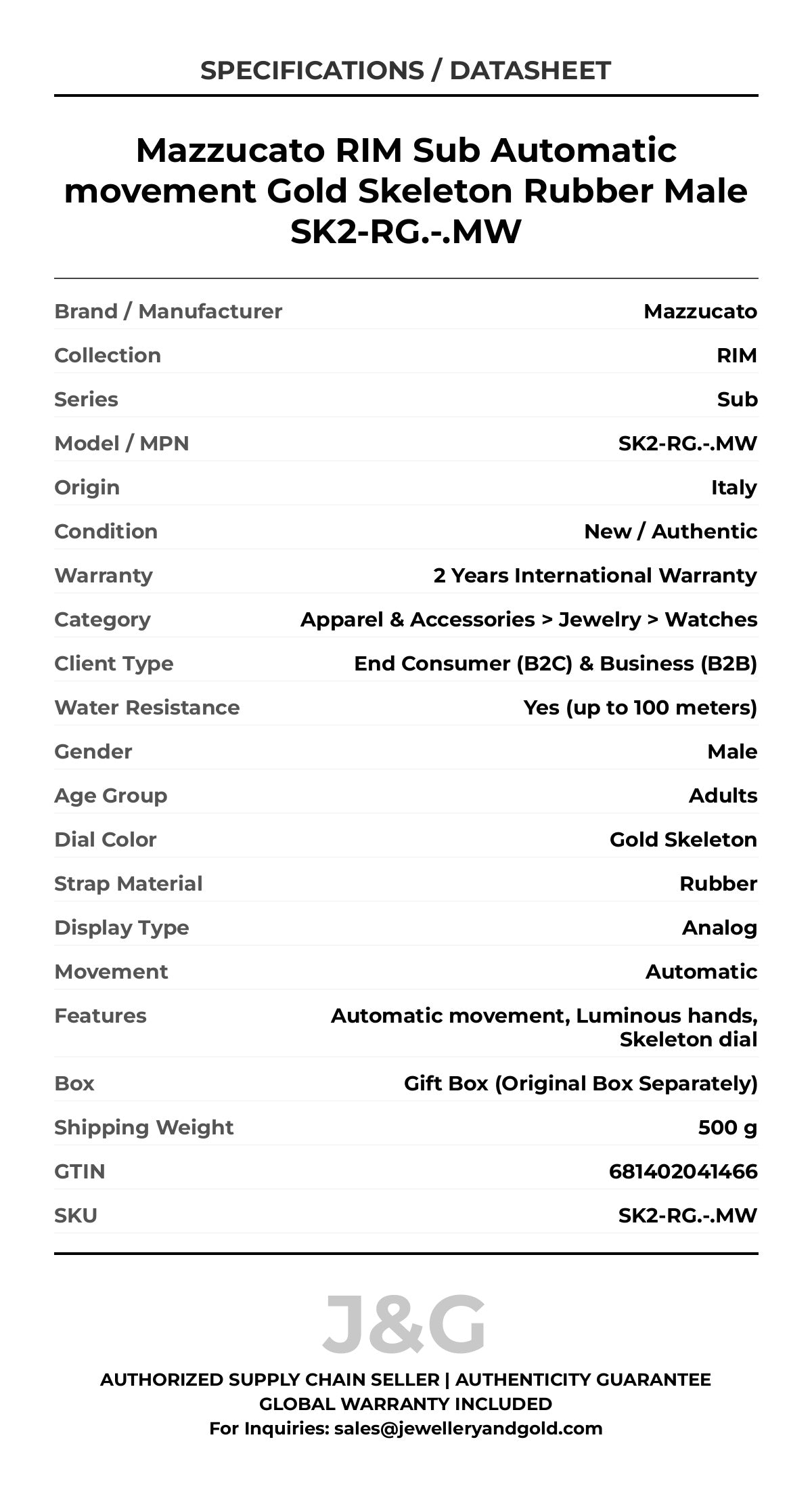 Mazzucato RIM Sub Automatic movement Gold Skeleton Rubber Male SK2-RG.-.MW - Specifications