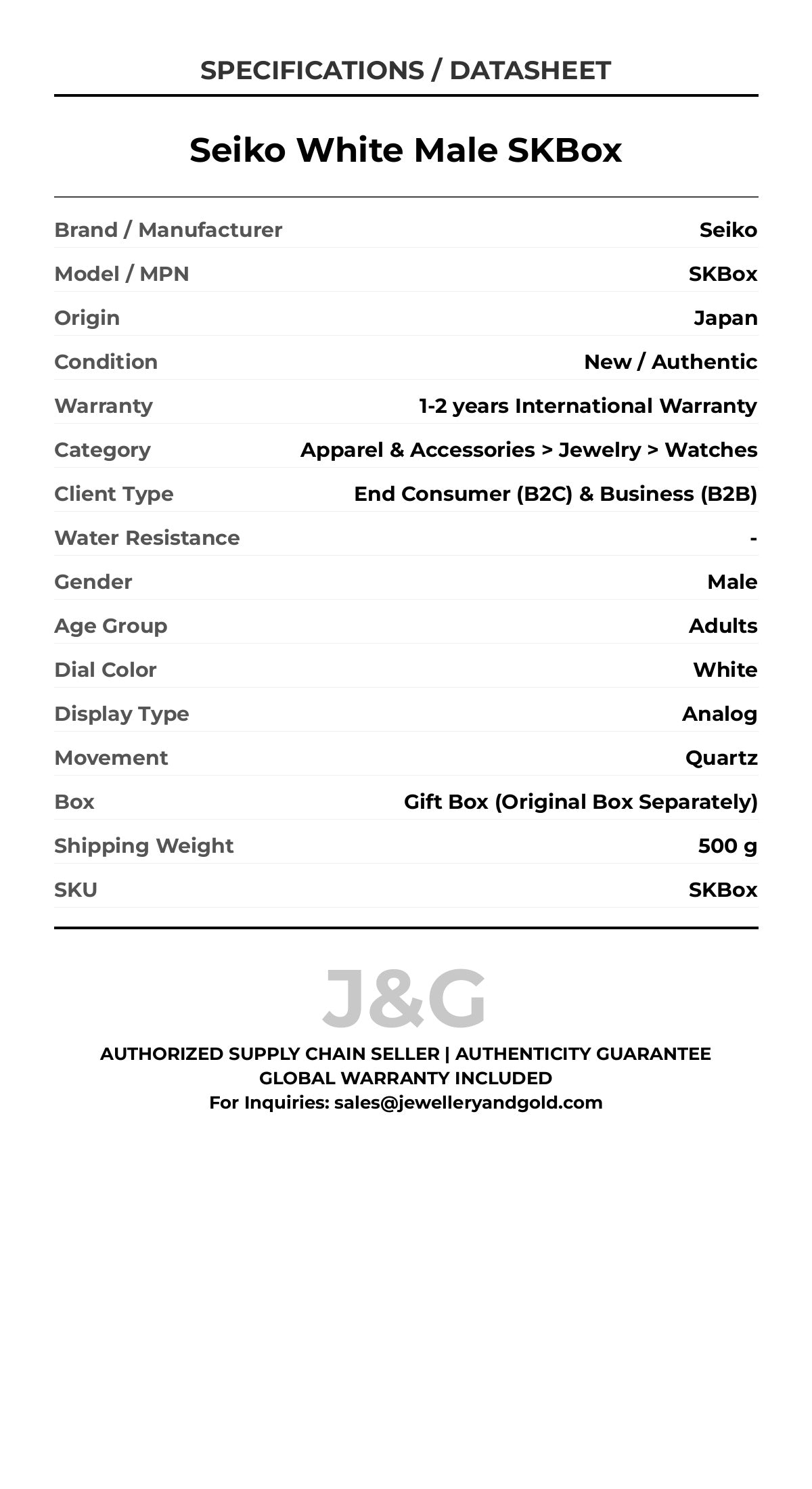Seiko White Male SKBox - Specifications
