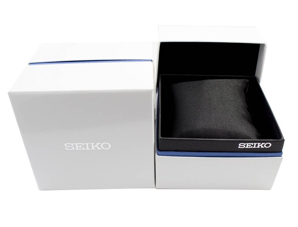 Seiko White Male SKBox. A brand-new Seiko watch featuring a White dial. Side view.