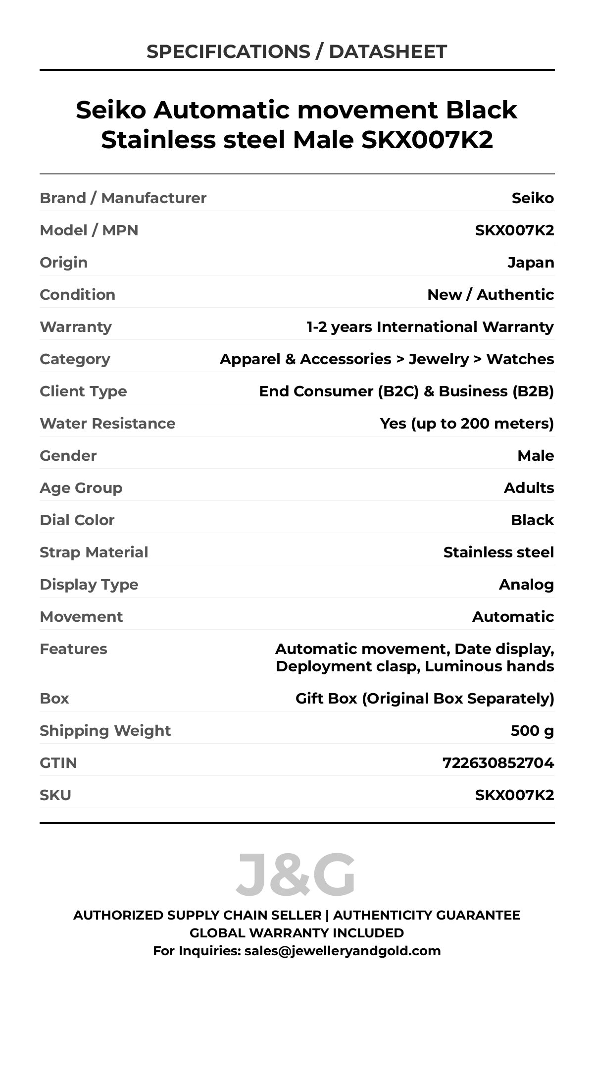 Seiko Automatic movement Black Stainless steel Male SKX007K2 - Specifications