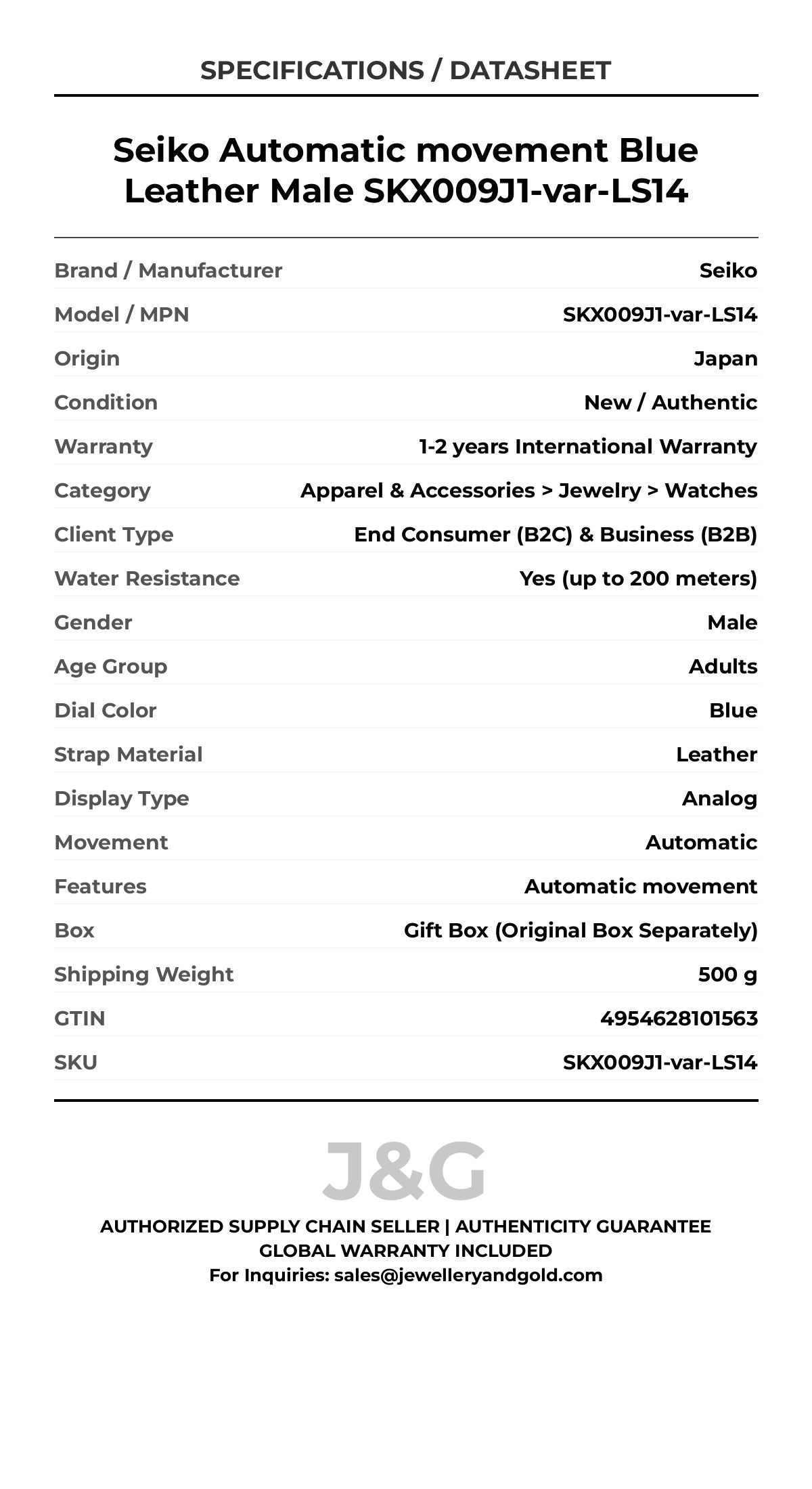 Seiko Automatic movement Blue Leather Male SKX009J1-var-LS14 - Specifications