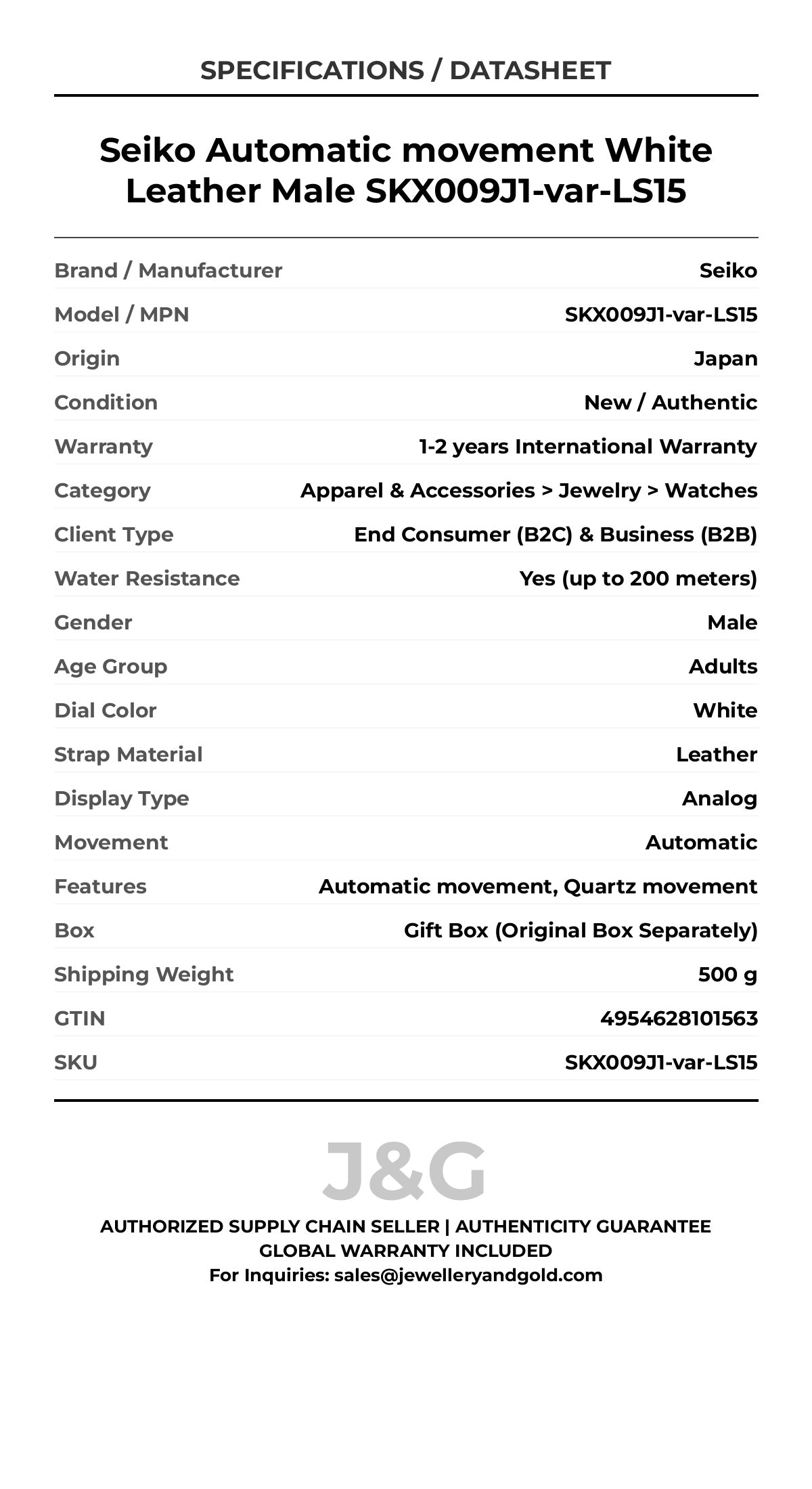 Seiko Automatic movement White Leather Male SKX009J1-var-LS15 - Specifications
