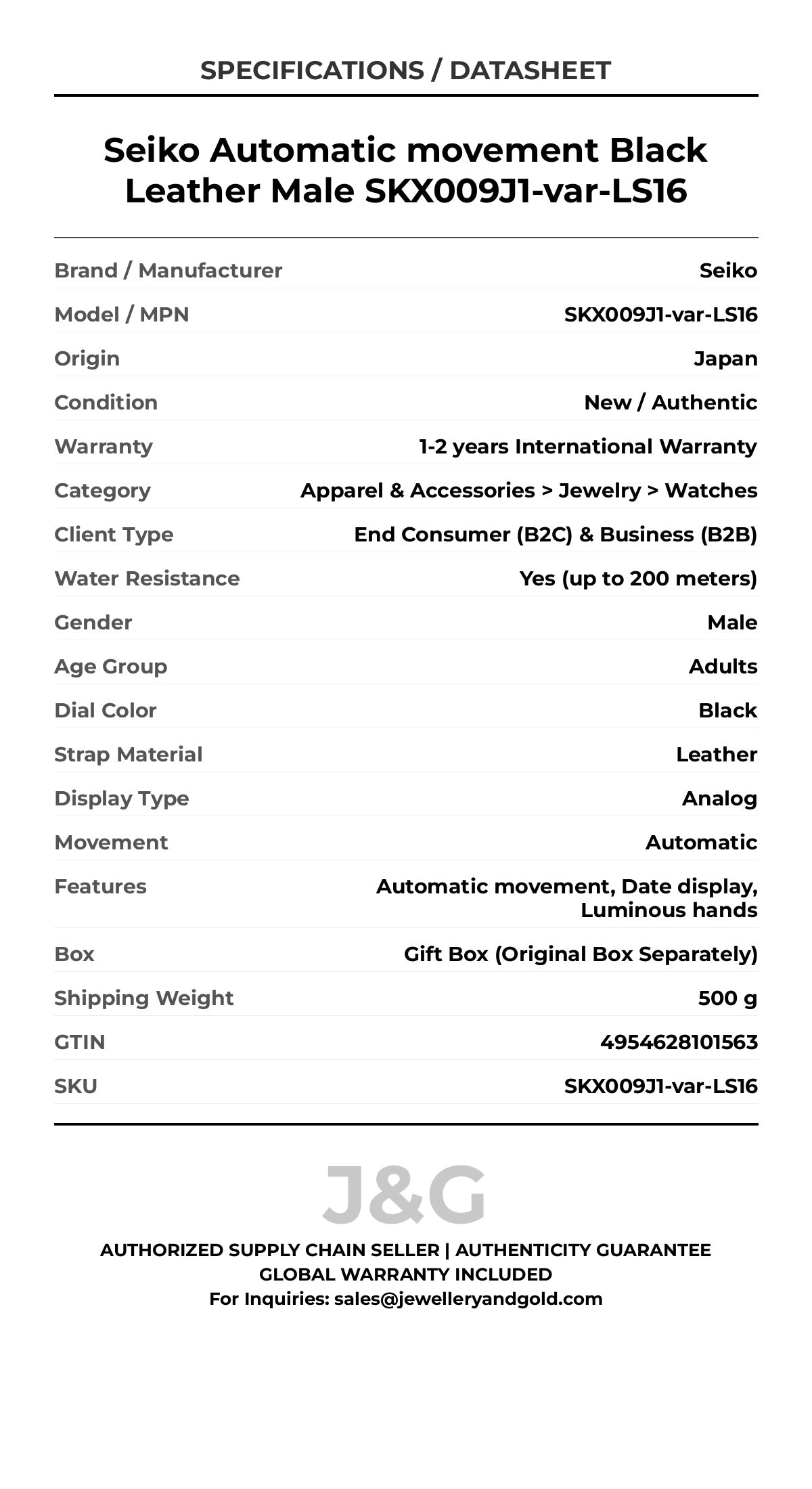 Seiko Automatic movement Black Leather Male SKX009J1-var-LS16 - Specifications