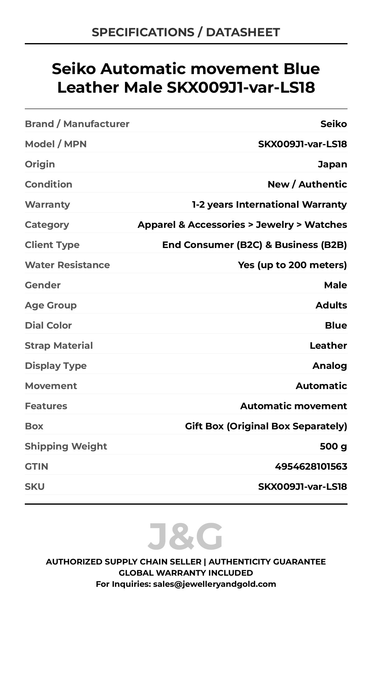 Seiko Automatic movement Blue Leather Male SKX009J1-var-LS18 - Specifications