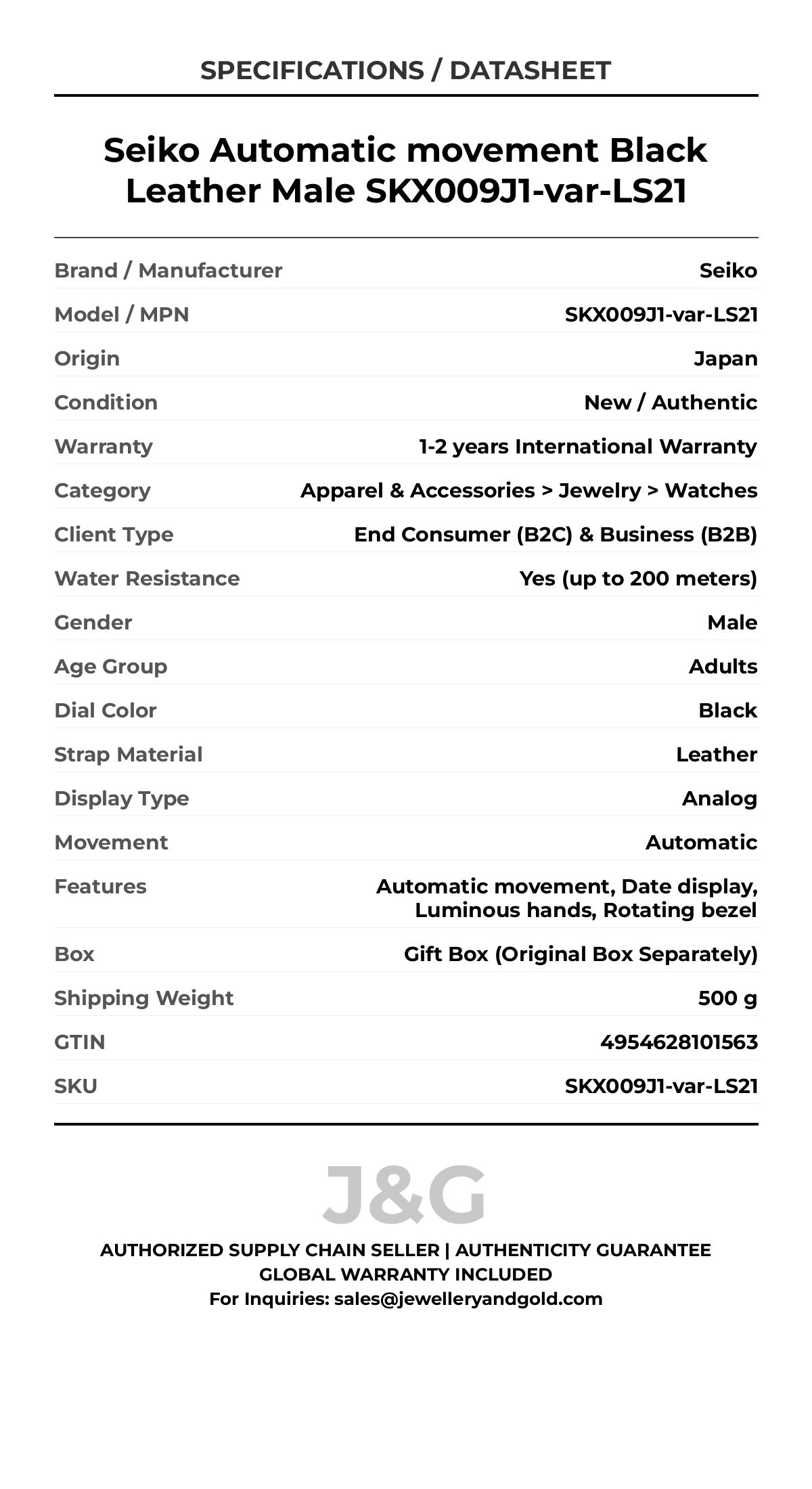 Seiko Automatic movement Black Leather Male SKX009J1-var-LS21 - Specifications